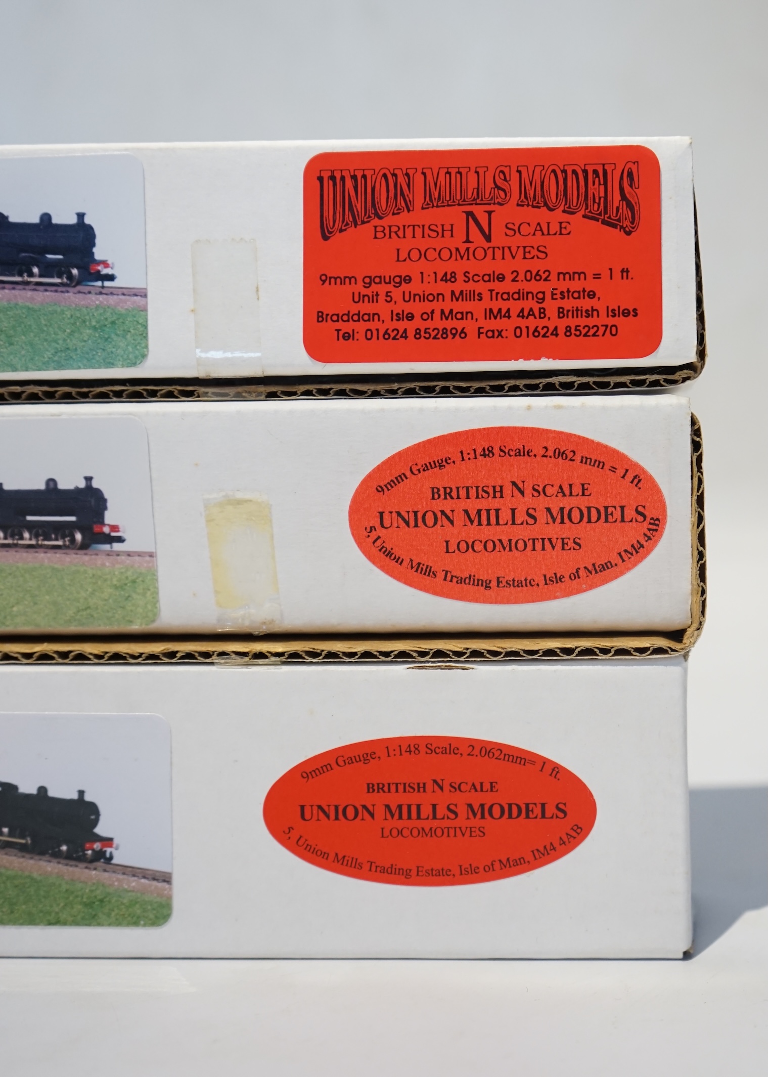 Three boxed Union Mills Models N gauge railway LNER locomotives; a Class Q2, 3359, a Class J26, 5734, and a Class 2P, 542. Condition - good.